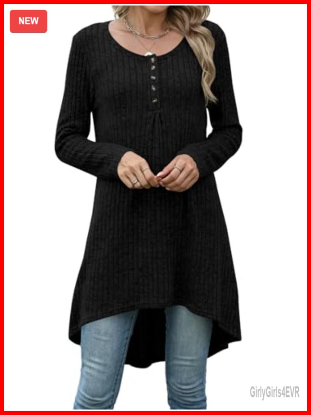 Extra Long Tunic Top High Low Hem Henley Neck Long Sleeve Loose Fit